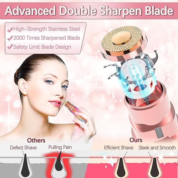 Facial Hair Removal for Women Face, Flawless Touch Hair Remover, 2 in 1 Trimmer, Rechargeable Eyebrow Epilator Razor Shaver for Peach Fuzz, Lips, Chin, Arms with LED Light Electric