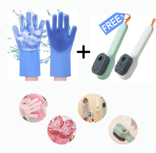 ( New Offer ) Pair Of Silicone Washing Full Finger Gloves + Multi Purpose Cleaning Brush